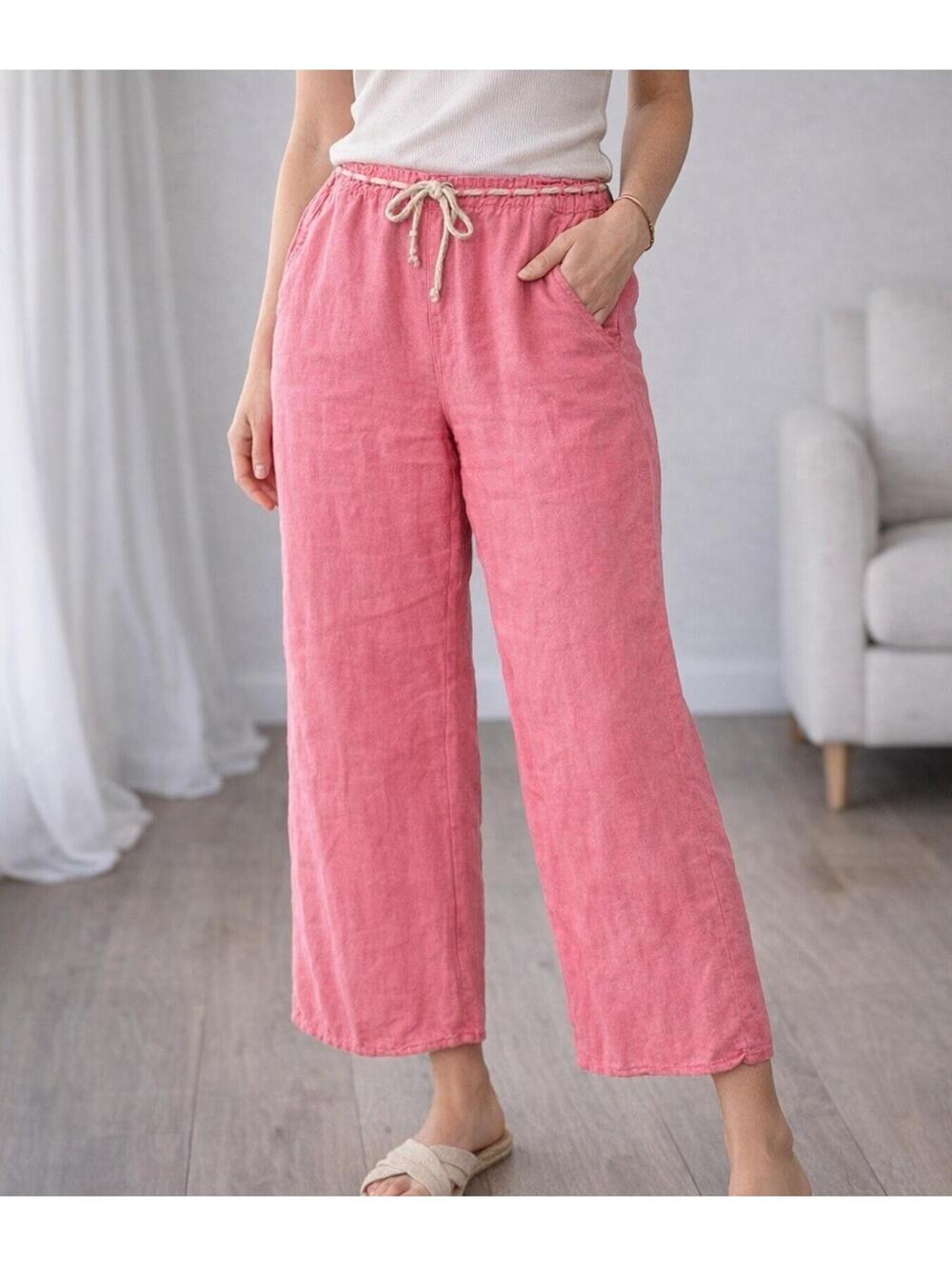 Studio Lia Claiborne Pink Linen Crop Pants Women Size 14 Drawstring Wide Leg
